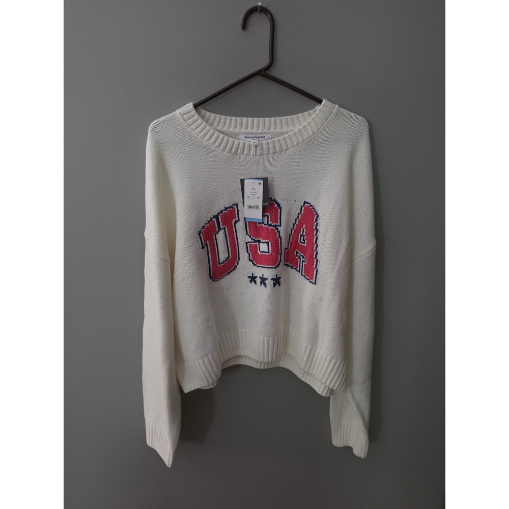 Grayson Threads Womens XXL USA Graphic Knit Sweater Off-White Crewneck NWT